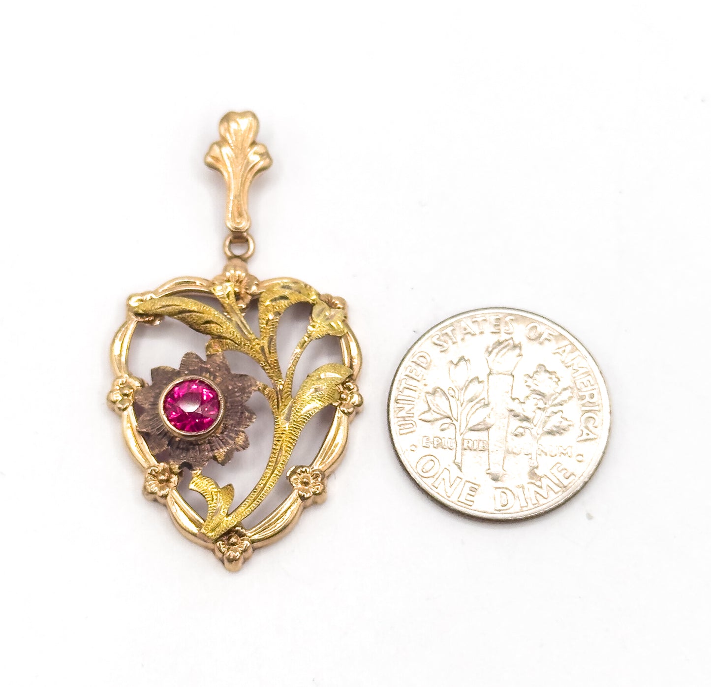 Mid-Century Synthetic Ruby Heart Pendant in 10K Gold