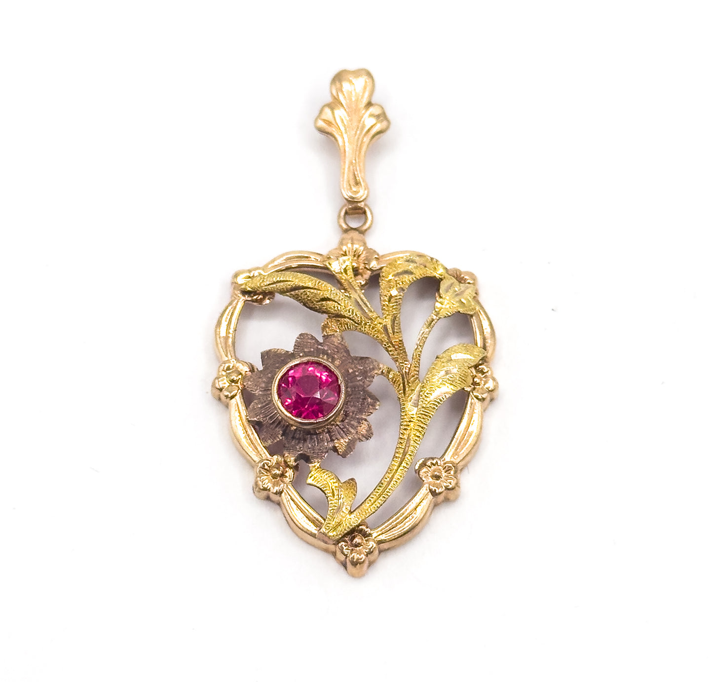 Mid-Century Synthetic Ruby Heart Pendant in 10K Gold