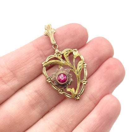 Mid-Century Synthetic Ruby Heart Pendant in 10K Gold