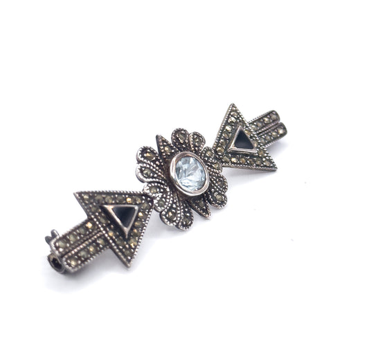 Vintage Blue Topaz & Marcasite Brooch in Sterling Silver
