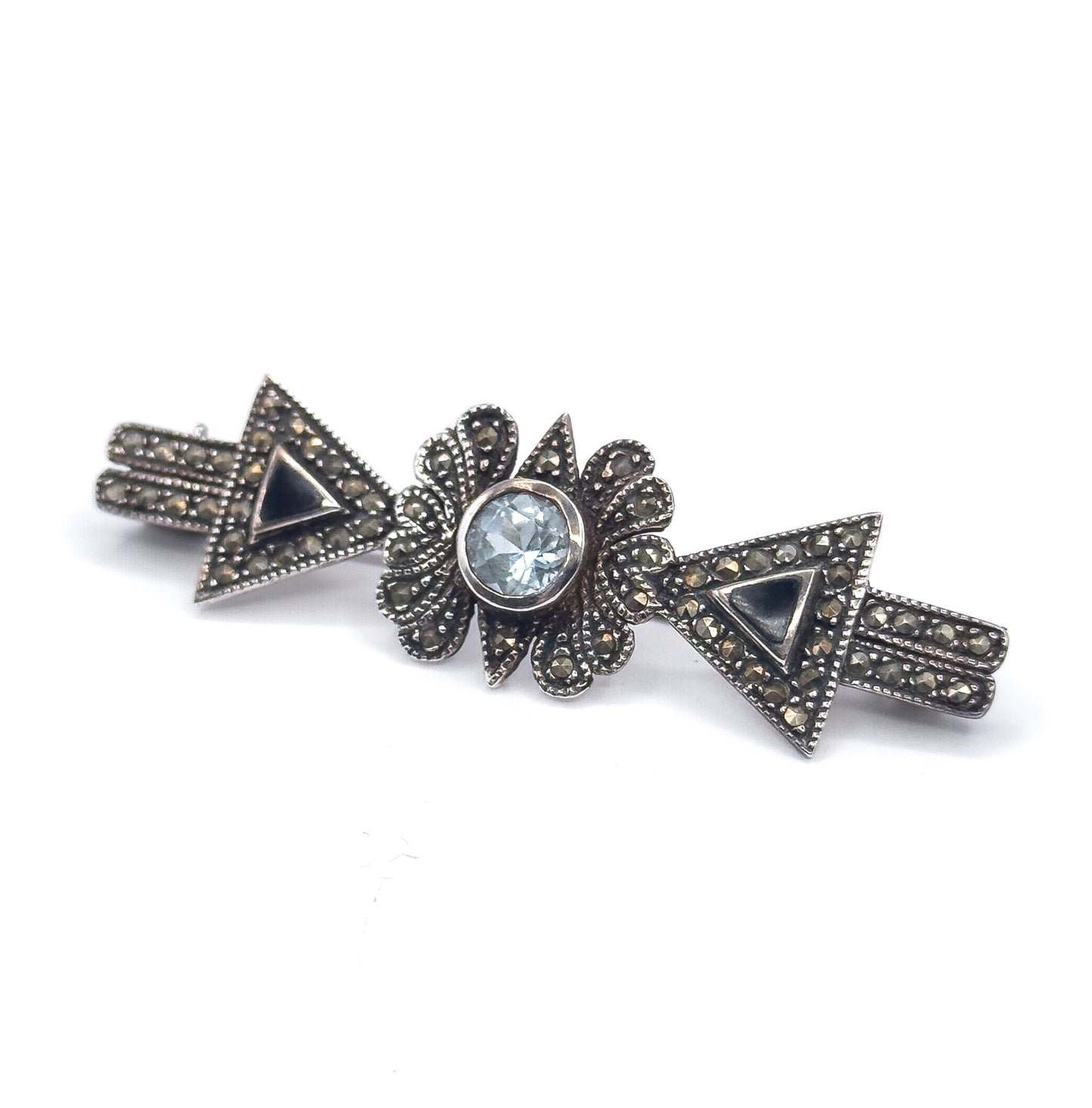 Vintage Blue Topaz & Marcasite Brooch in Sterling Silver
