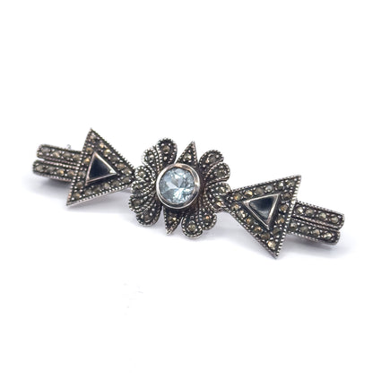 Vintage Blue Topaz & Marcasite Brooch in Sterling Silver