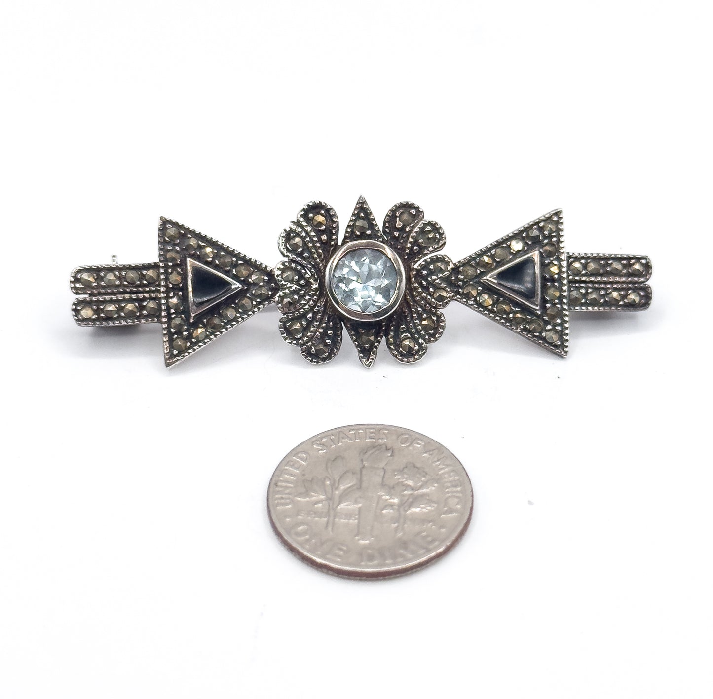Vintage Blue Topaz & Marcasite Brooch in Sterling Silver