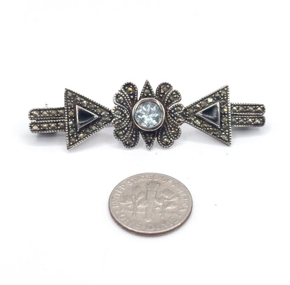 Vintage Blue Topaz & Marcasite Brooch in Sterling Silver