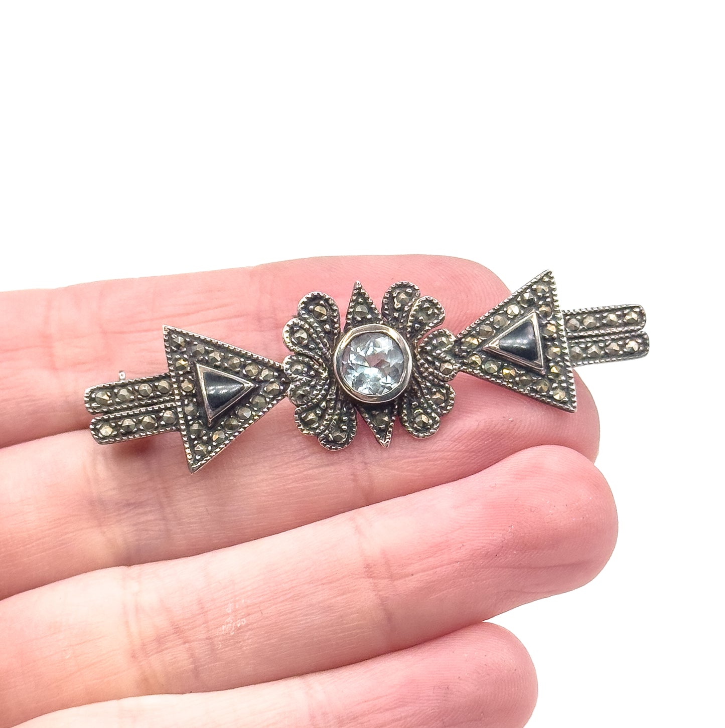 Vintage Blue Topaz & Marcasite Brooch in Sterling Silver