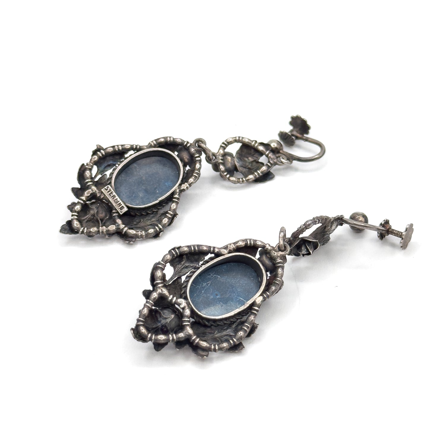 Handmade Blue Cabochon Floral Earrings in Sterling Silver