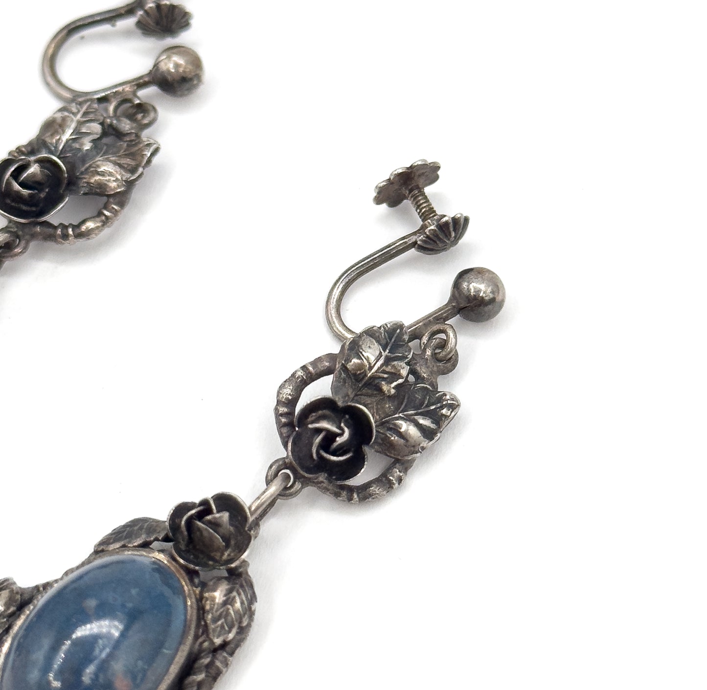 Handmade Blue Cabochon Floral Earrings in Sterling Silver