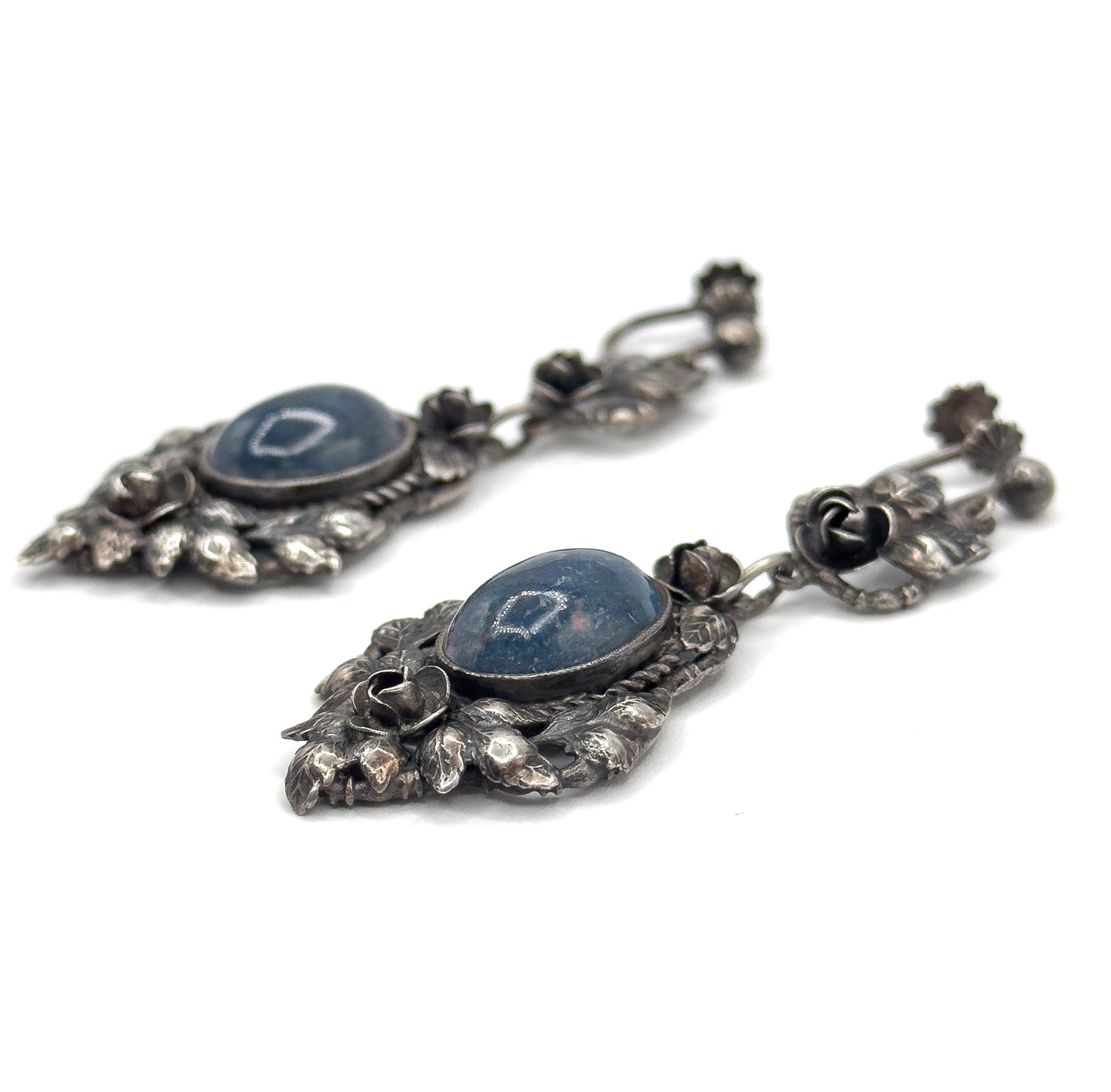 Handmade Blue Cabochon Floral Earrings in Sterling Silver
