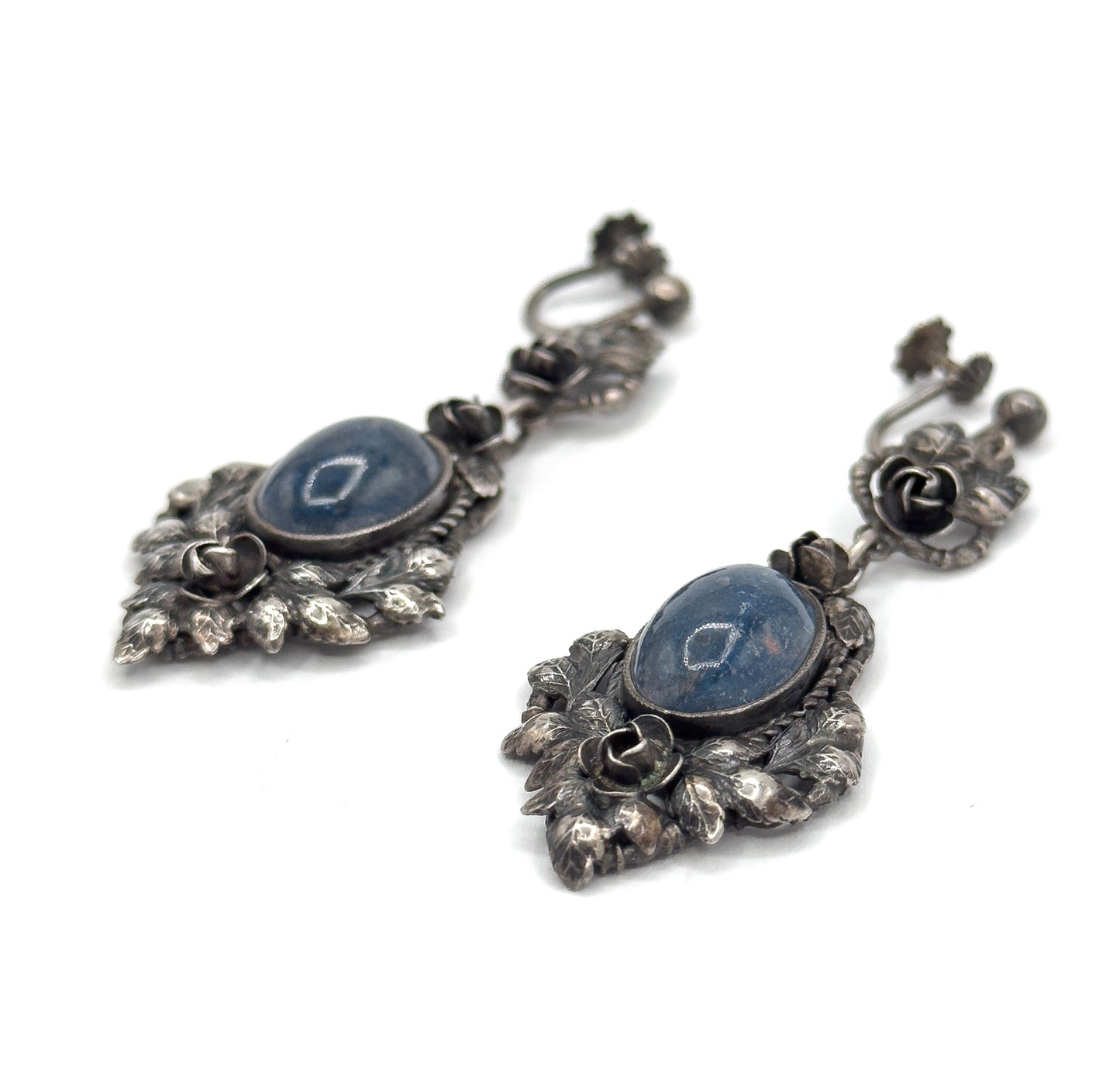Handmade Blue Cabochon Floral Earrings in Sterling Silver