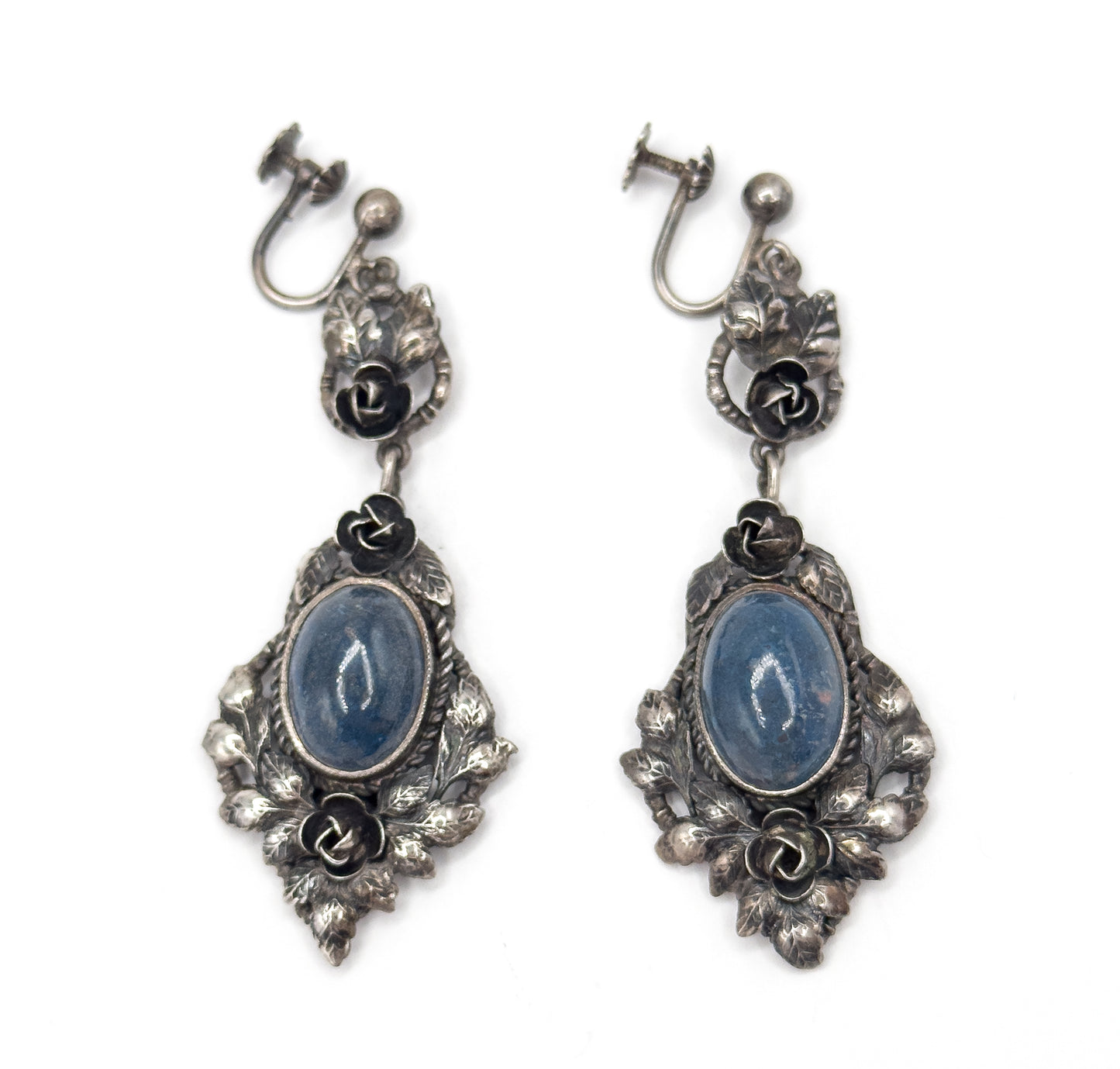 Handmade Blue Cabochon Floral Earrings in Sterling Silver