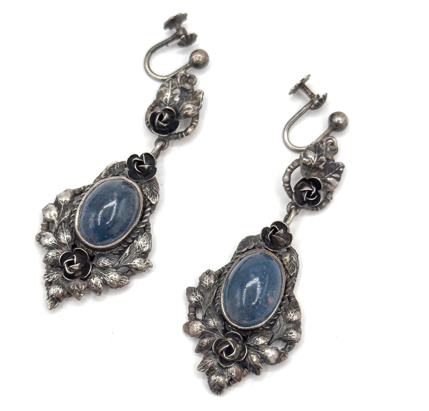 Handmade Blue Cabochon Floral Earrings in Sterling Silver