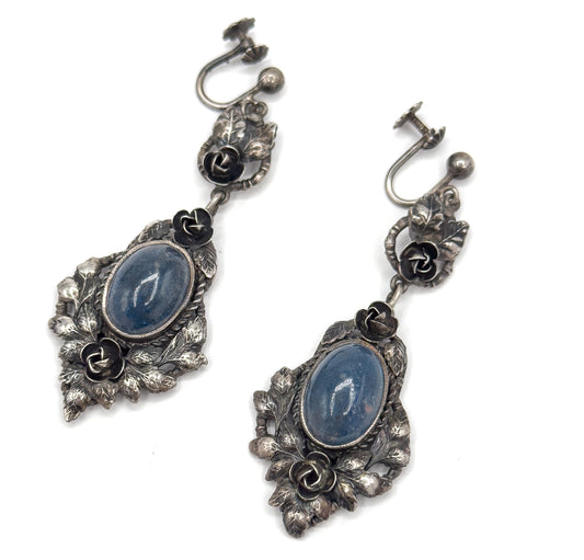 Handmade Blue Cabochon Floral Earrings in Sterling Silver