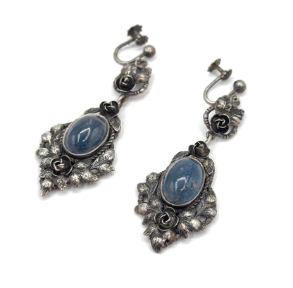 Handmade Blue Cabochon Floral Earrings in Sterling Silver