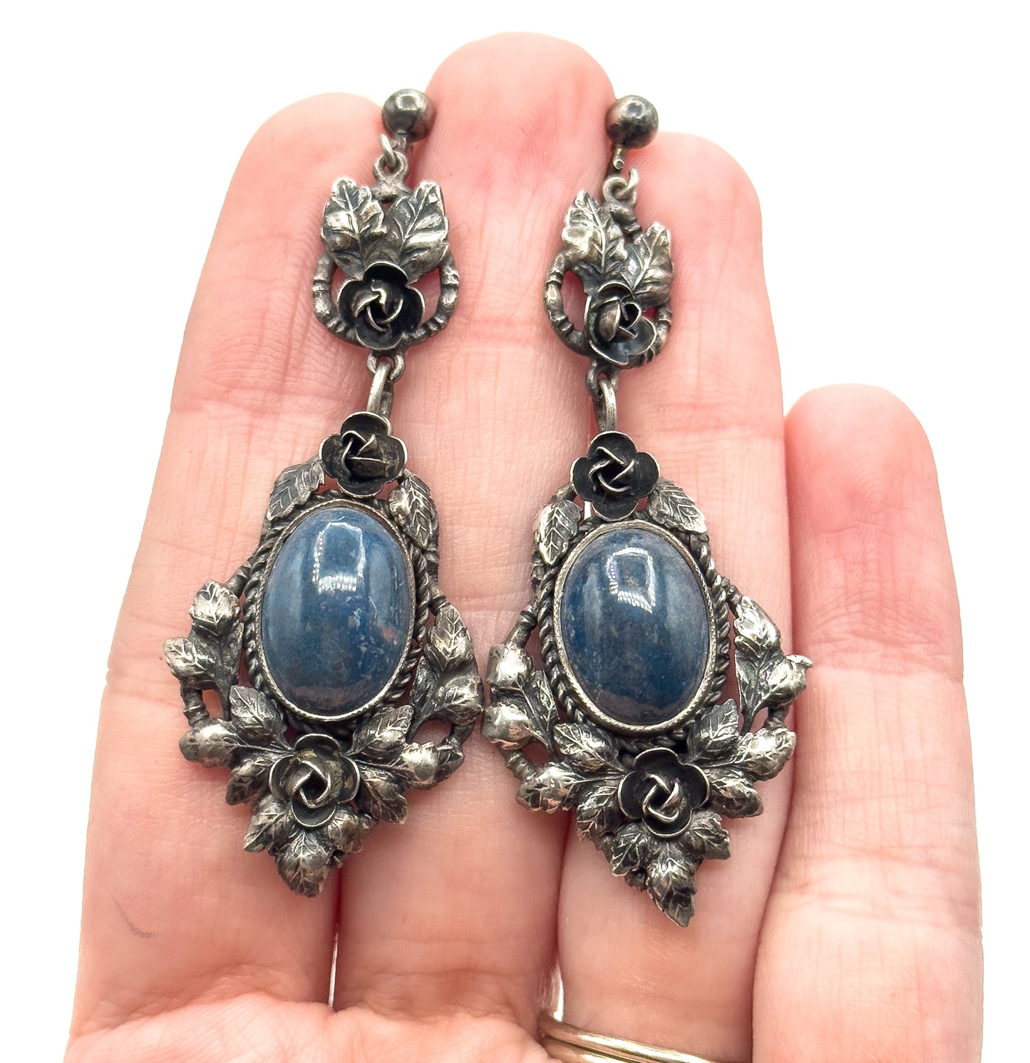 Handmade Blue Cabochon Floral Earrings in Sterling Silver