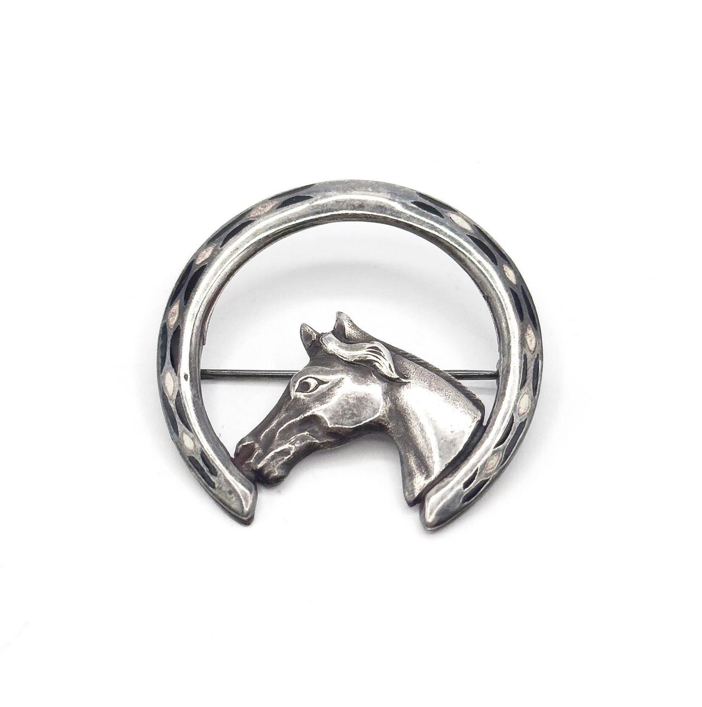 Vintage Enamel Horse & Horseshoe Brooch in Sterling Silver