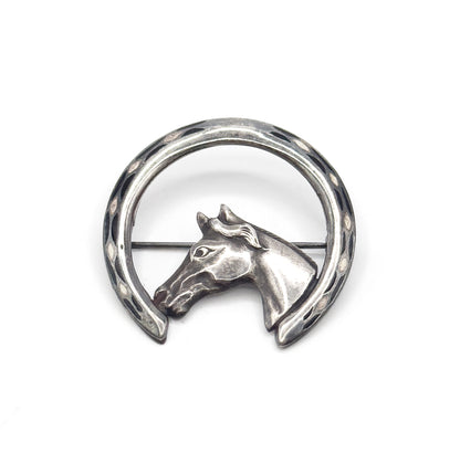 Vintage Enamel Horse & Horseshoe Brooch in Sterling Silver