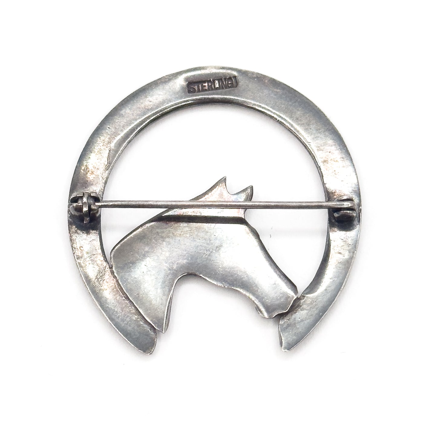 Vintage Enamel Horse & Horseshoe Brooch in Sterling Silver
