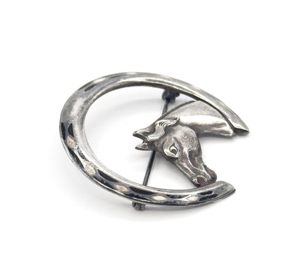 Vintage Enamel Horse & Horseshoe Brooch in Sterling Silver