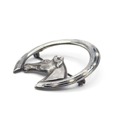 Vintage Enamel Horse & Horseshoe Brooch in Sterling Silver