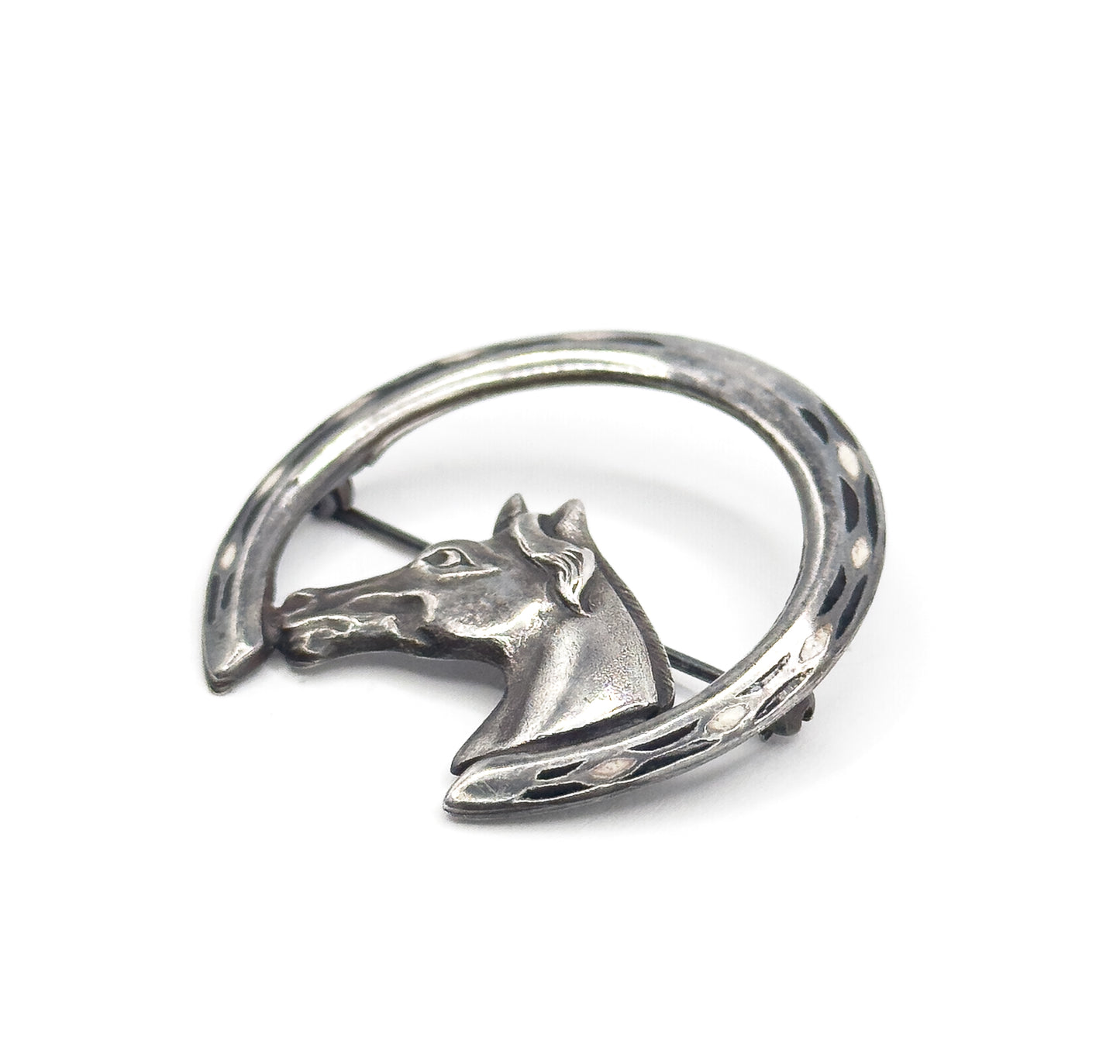 Vintage Enamel Horse & Horseshoe Brooch in Sterling Silver