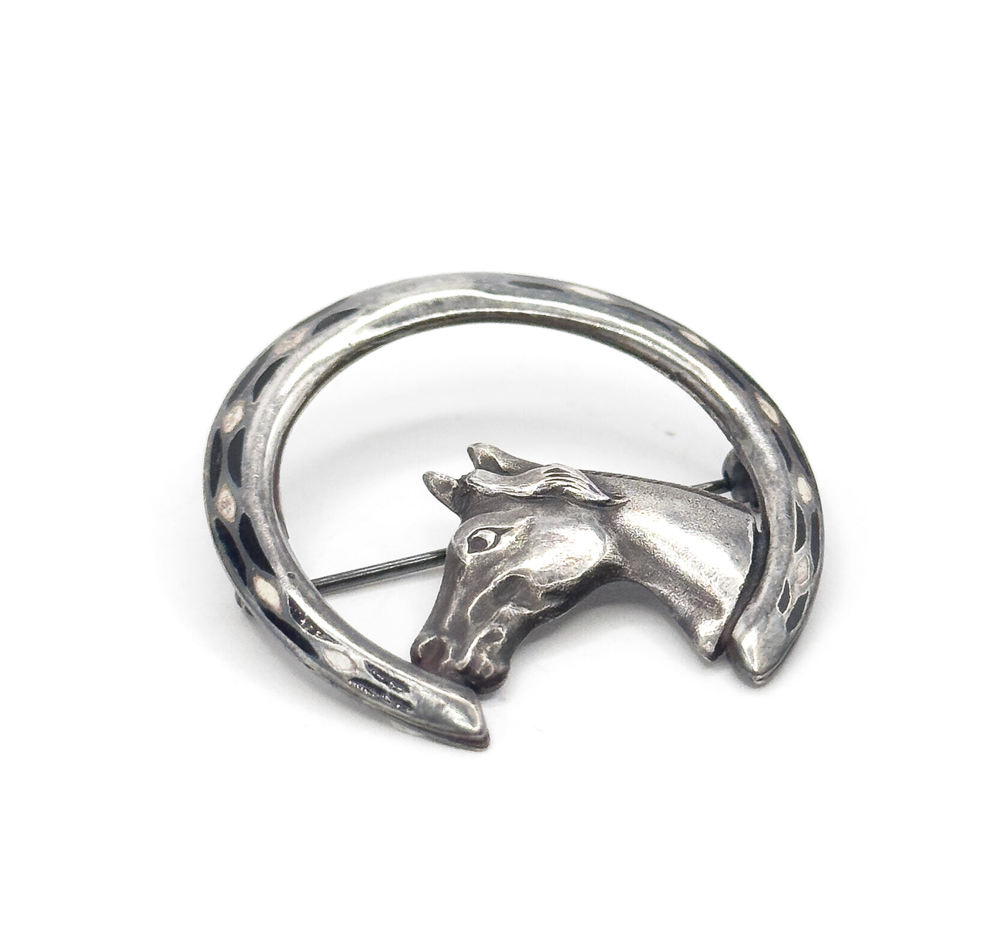 Vintage Enamel Horse & Horseshoe Brooch in Sterling Silver