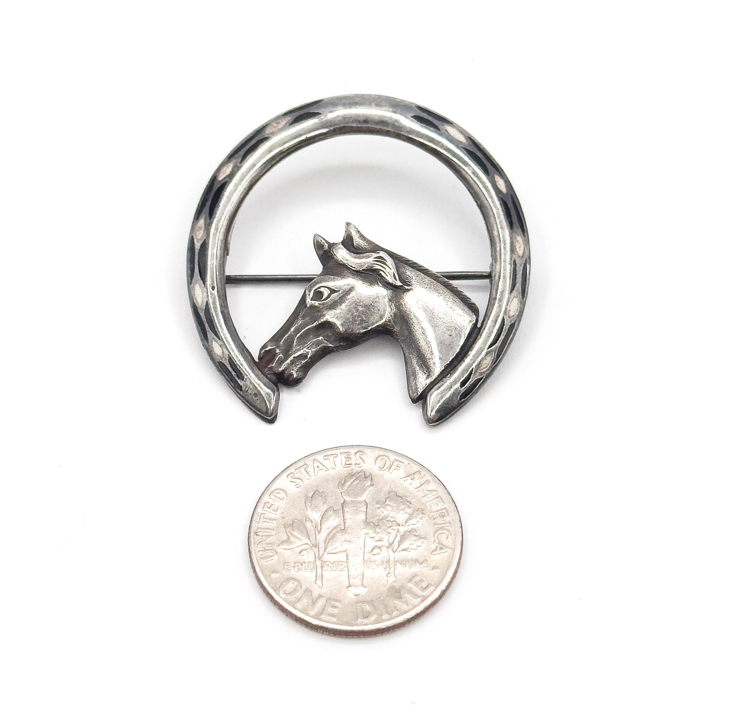 Vintage Enamel Horse & Horseshoe Brooch in Sterling Silver