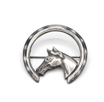 Vintage Enamel Horse & Horseshoe Brooch in Sterling Silver