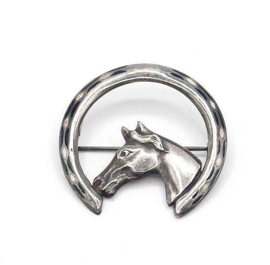 Vintage Enamel Horse & Horseshoe Brooch in Sterling Silver