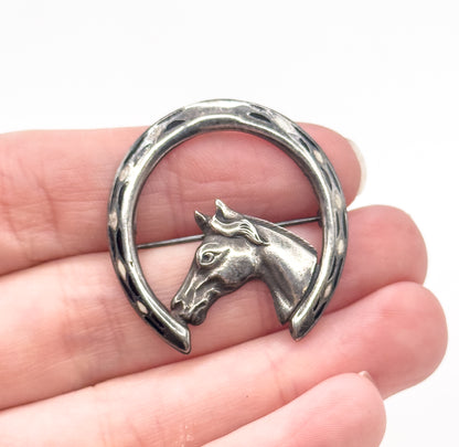 Vintage Enamel Horse & Horseshoe Brooch in Sterling Silver