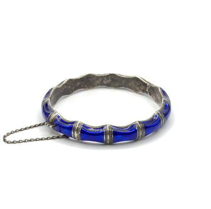 Mid-Century Blue Enamel Bamboo Bangle Bracelet in Sterling Silver