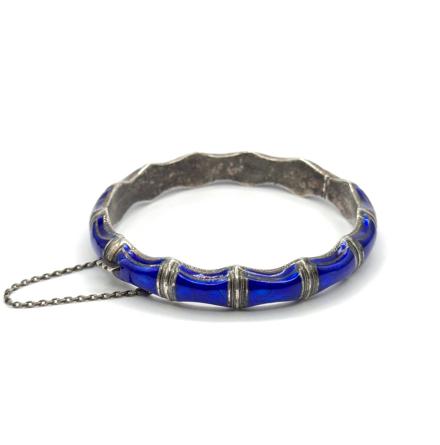 Mid-Century Blue Enamel Bamboo Bangle Bracelet in Sterling Silver