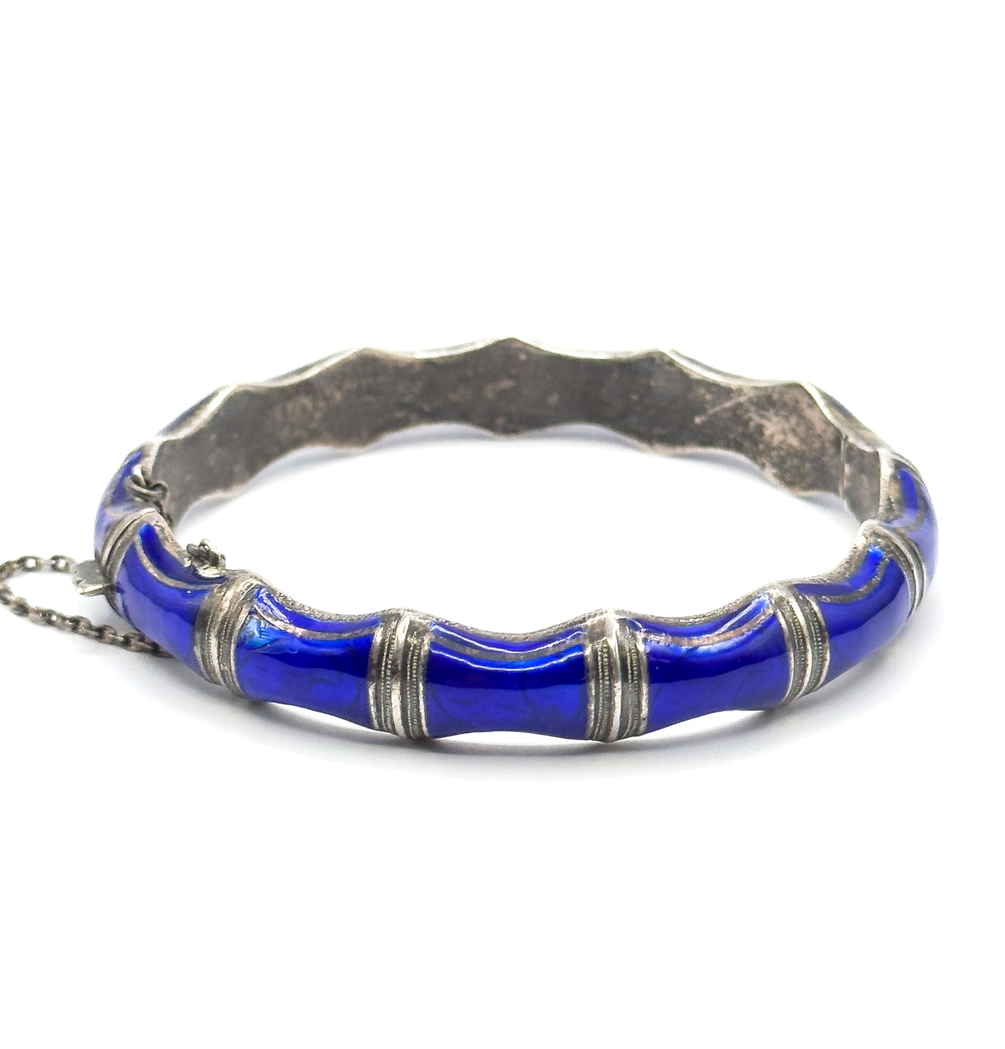 Mid-Century Blue Enamel Bamboo Bangle Bracelet in Sterling Silver