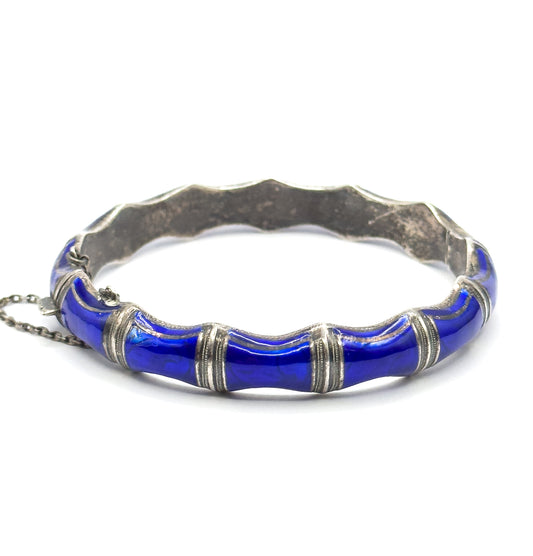Mid-Century Blue Enamel Bamboo Bangle Bracelet in Sterling Silver
