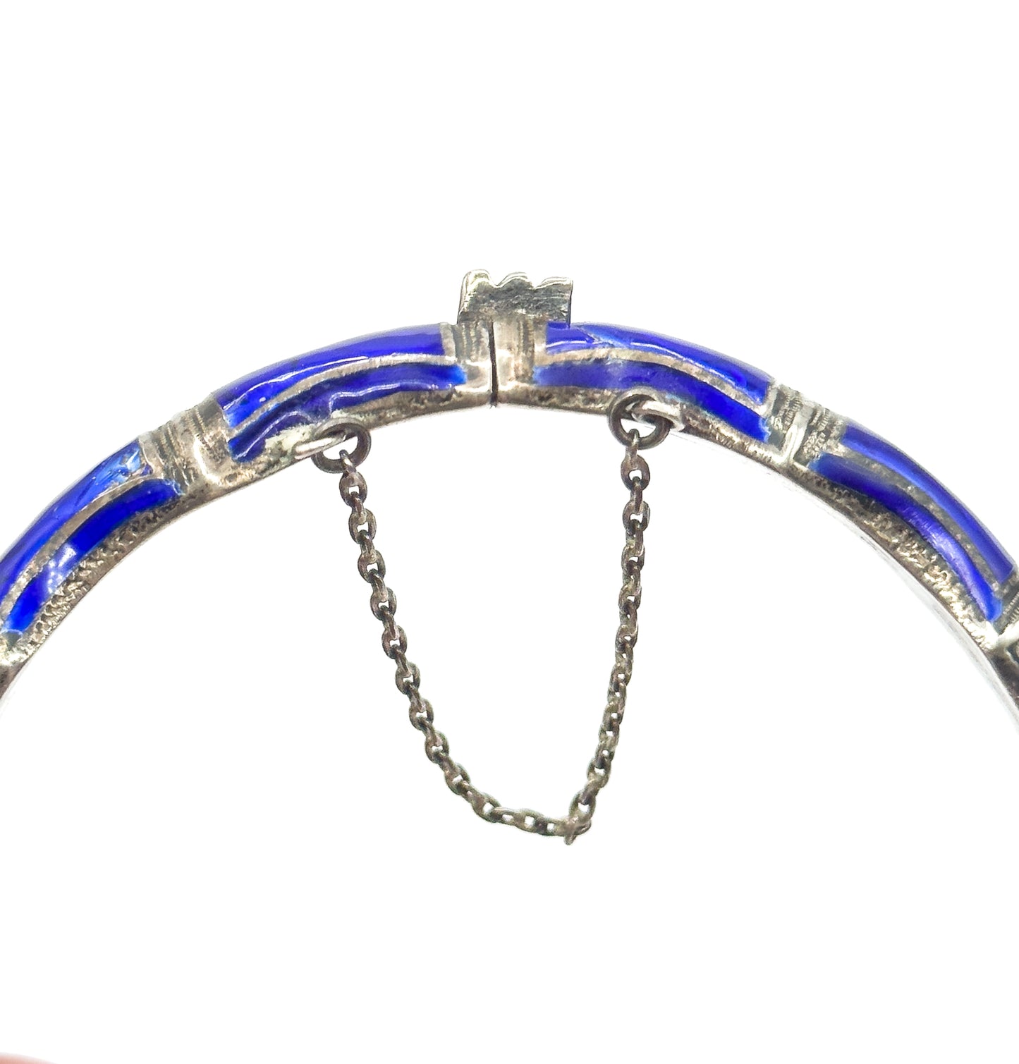Mid-Century Blue Enamel Bamboo Bangle Bracelet in Sterling Silver