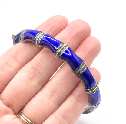 Mid-Century Blue Enamel Bamboo Bangle Bracelet in Sterling Silver