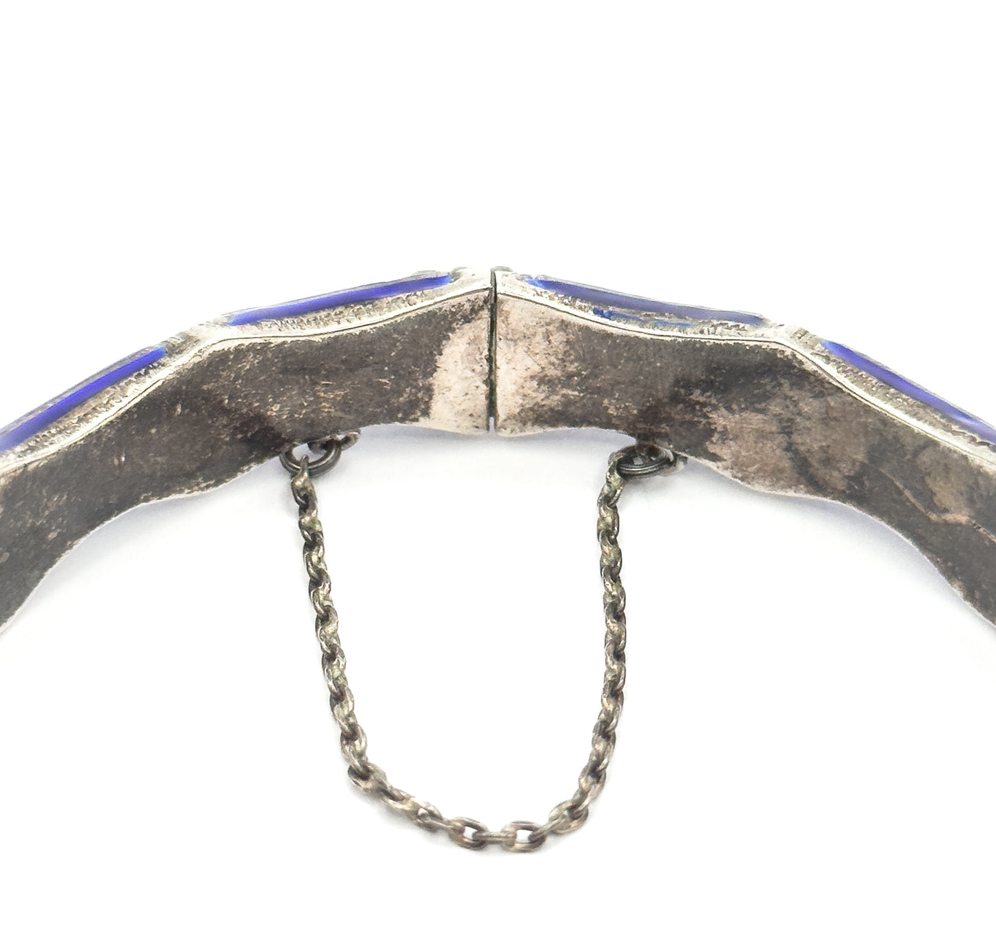 Mid-Century Blue Enamel Bamboo Bangle Bracelet in Sterling Silver
