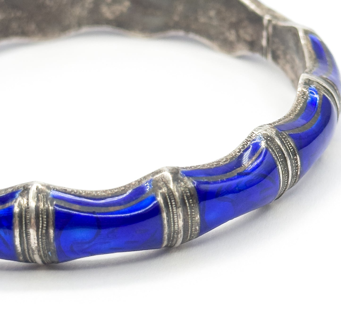 Mid-Century Blue Enamel Bamboo Bangle Bracelet in Sterling Silver