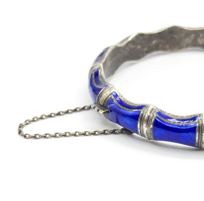 Mid-Century Blue Enamel Bamboo Bangle Bracelet in Sterling Silver
