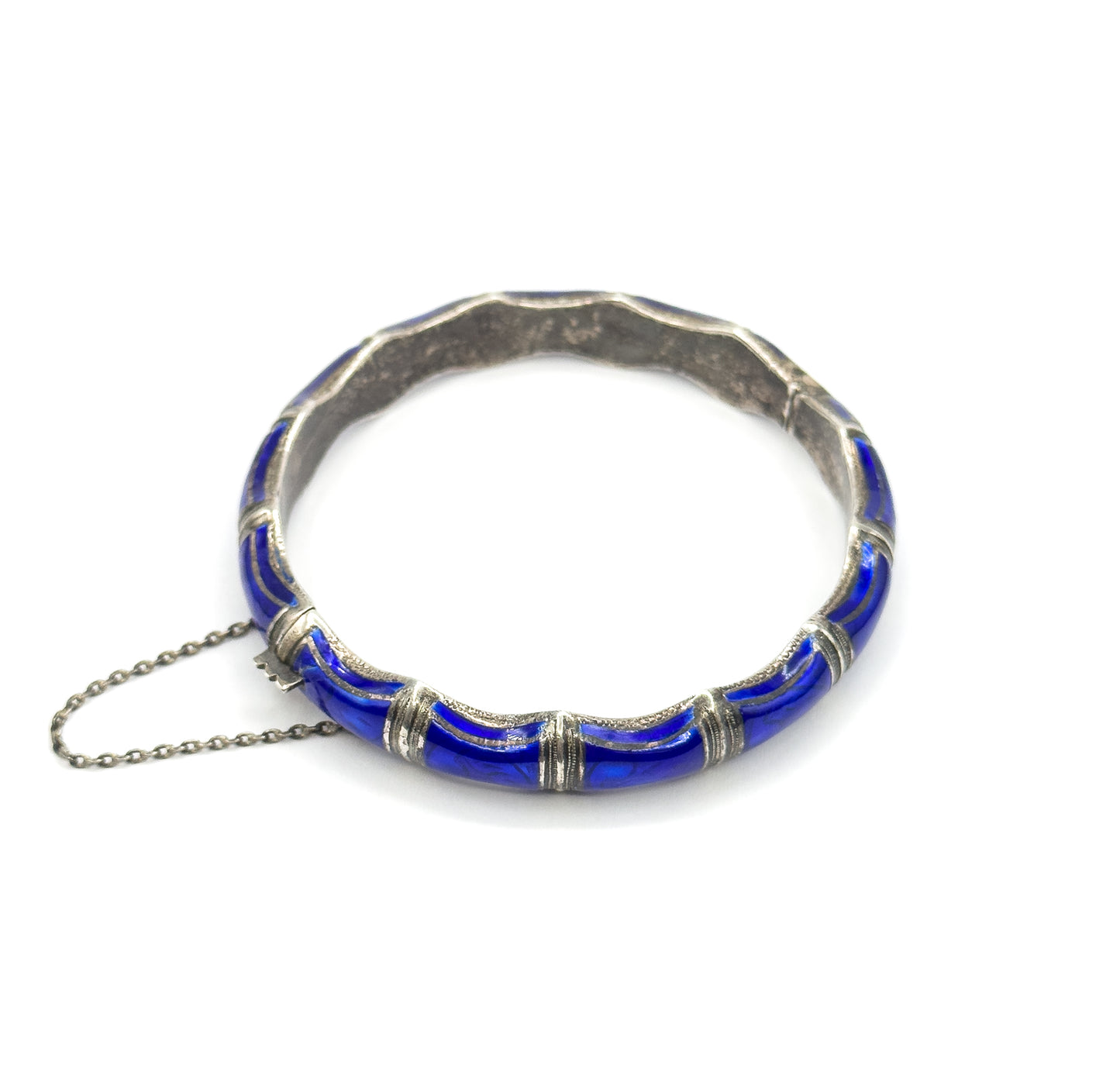 Mid-Century Blue Enamel Bamboo Bangle Bracelet in Sterling Silver