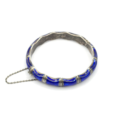 Mid-Century Blue Enamel Bamboo Bangle Bracelet in Sterling Silver