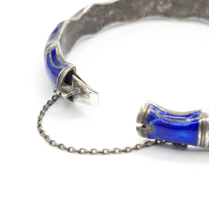 Mid-Century Blue Enamel Bamboo Bangle Bracelet in Sterling Silver