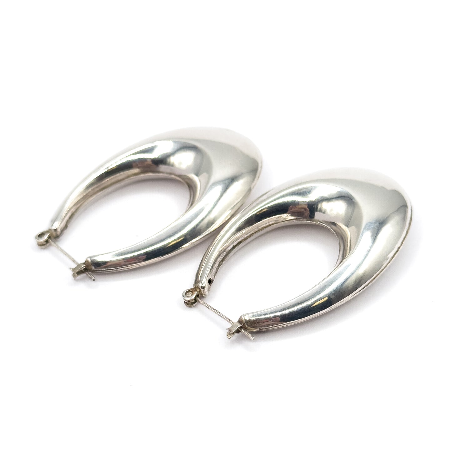 Late 20th Century Elongated Puffy Hoop Earrings in Sterling Silver