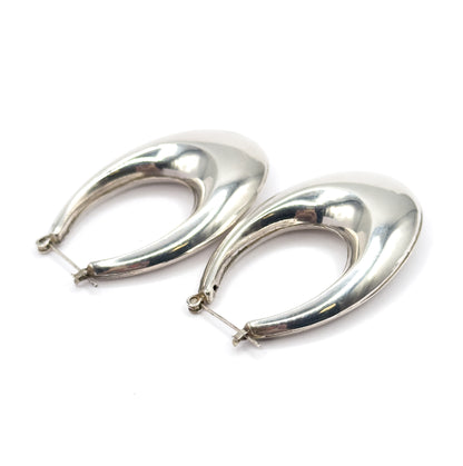 Late 20th Century Elongated Puffy Hoop Earrings in Sterling Silver