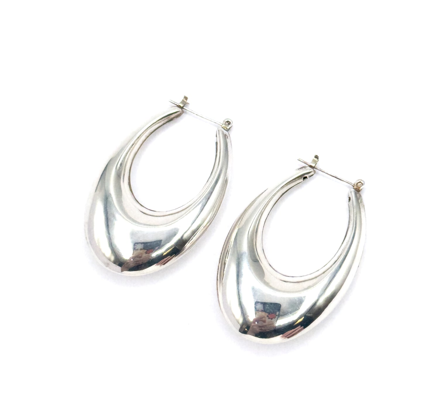 Late 20th Century Elongated Puffy Hoop Earrings in Sterling Silver