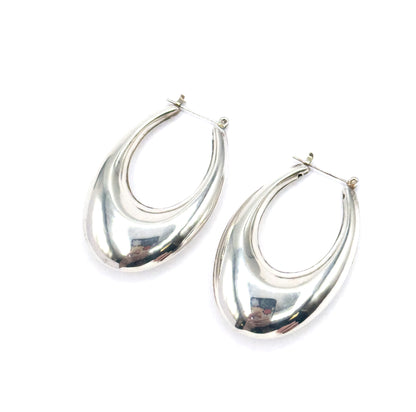 Late 20th Century Elongated Puffy Hoop Earrings in Sterling Silver