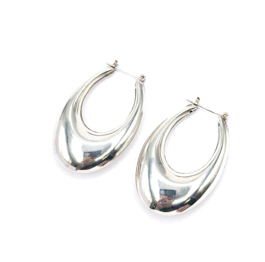 Late 20th Century Elongated Puffy Hoop Earrings in Sterling Silver