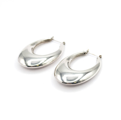 Late 20th Century Elongated Puffy Hoop Earrings in Sterling Silver
