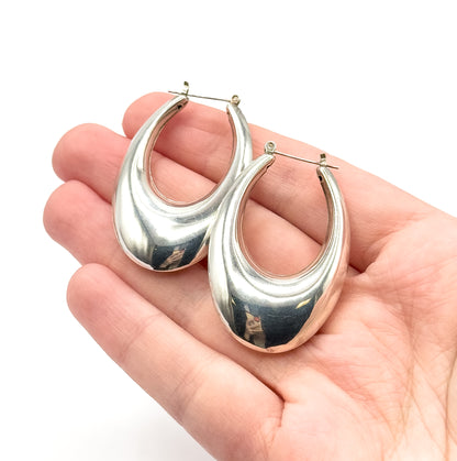 Late 20th Century Elongated Puffy Hoop Earrings in Sterling Silver
