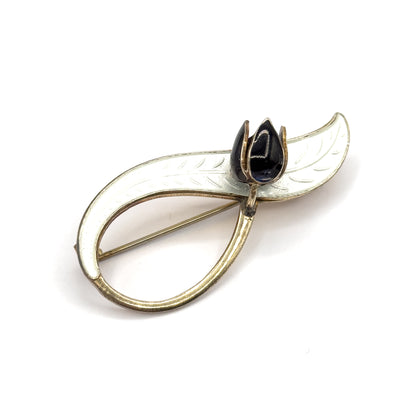 Retro Aksel Holmsen Enamel Lily of the Valley Brooch in Sterling Silver