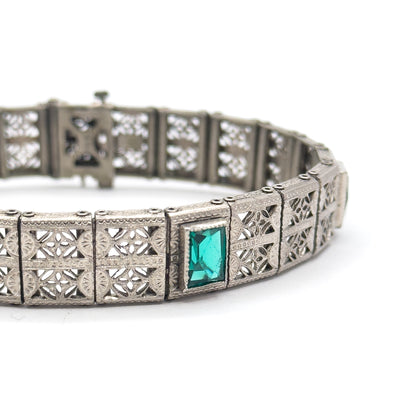 Art Deco Green Glass Filigree Bracelet in White Metal